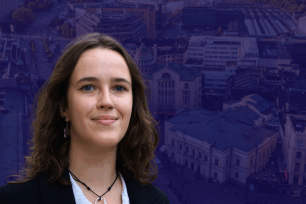 Collage. Anna Louhisto i förgrunden och HUS centrumfastigheter i bakgrunden.