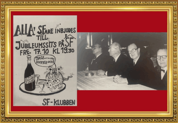 Kollage. En bild på en inbjudan/reklam för en jubileumssitz. En svartvit bild på en grupp finklädda personer.