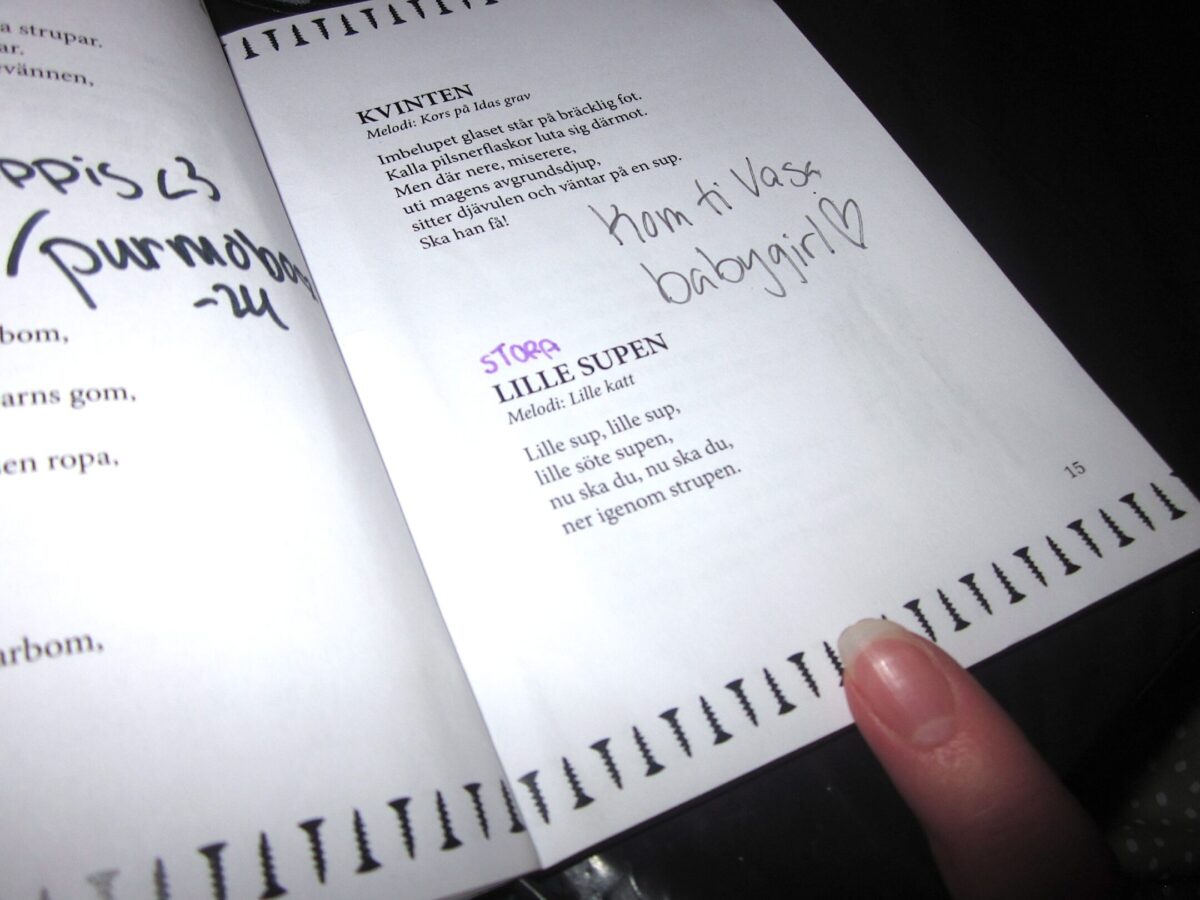 Bild av en sida i Skruvsters sångbok.