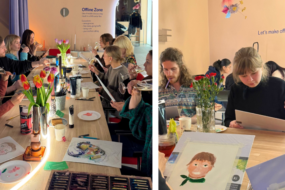 Ett kollage av två bilder. På en bild en grupp människor som sitter vid ett bord. Bordet är dekorerat med blommor och tända ljus, och perosnerna håller alla i ett ritblock. I förgrunden syns oljekritor. På den andra bilden Sara Björklund och en ritning av henne i förgrunden.