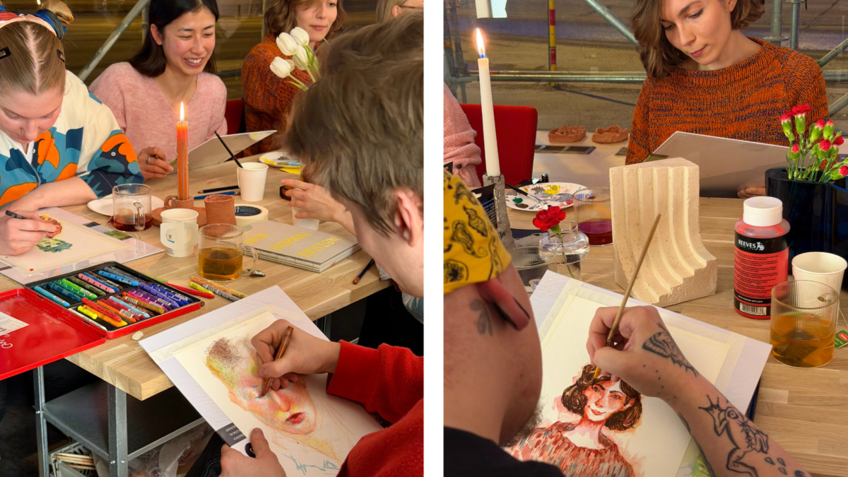 Collage. På båda bilderna syns en person som ritar av personen som sitter mitt emot dem.