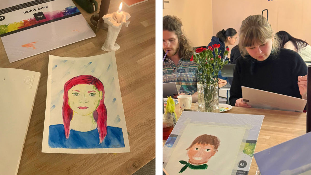 Collage. En bild av en porträttmålning som Sara Björklund målat av personen mitt emot henne på evenemanget. En annan bild av porträttet personen mittemot Björklund målar av henne.